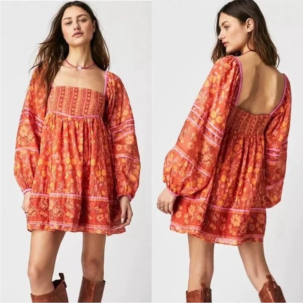 Free People Endless Afternoon Red Pink Floral Mini Dress Boho
